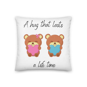 A Life Time - Skip The Distance, Inc Pillow in white with two bears holding hearts in the size 22x22